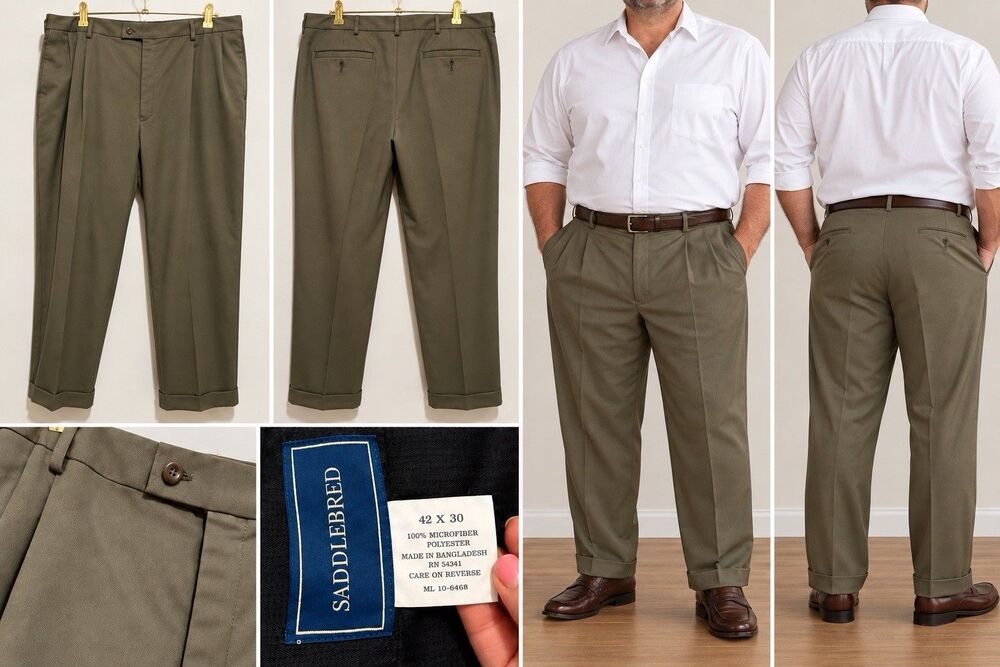 Saddlebred Men's Pleated Cuffed Straight Microfiber Polyester Dress Pants 42x30